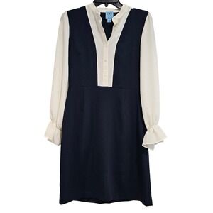 CeCe Navy White Colorblock Long Sleeve Button Front Dress Size 2